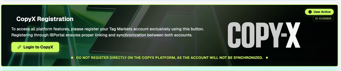 CopyX Registration section in TAG Markets