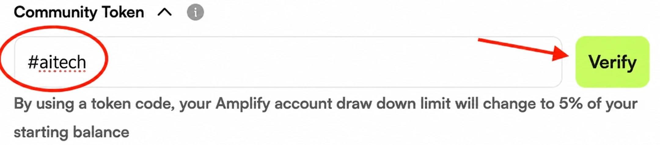 Community Token field with the code #aitech and the Verify button